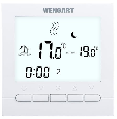 Wengart Programmierbar Thermostat WG02B04,AC230V 3A, Wochenprogrammierung, für Warmwasserbereitungsanlagen, Digitalanzeige, präzise Regelung der Raumtemperatur, Weiß