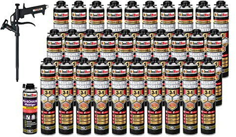 Isolbau Mauermörtel Set: 30x 750 ml PU-Mörtel 1x 500 ml Pistolenreiniger 1x Teflon Schaumpistole, PU-Reiniger, Montageschaum, Pistolenschaum