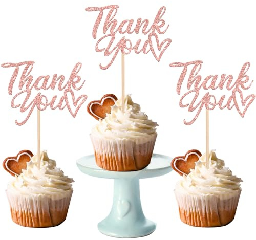 SYKYCTCY 24 Pack Thank You Cupcake Toppers Glitter Thank You Cupcake Picks Thanksgiving Day Cupcake Decorations Wedding Anniversary Birthday Party Supplies Rosegold