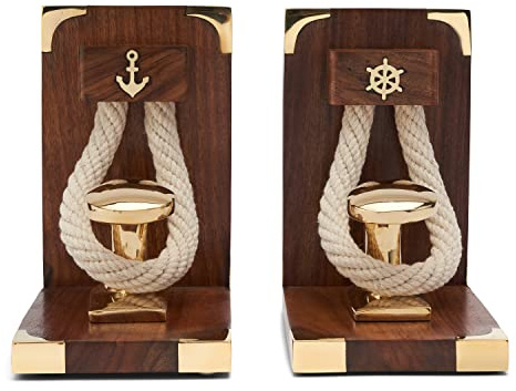 NKlaus 1 Paar Buchstützen mit Poller & Tau Holz Messing 15,5x16x9,5cm robuste Buchhalter mit maritimem Flair für Ihr Bücherregal 11527