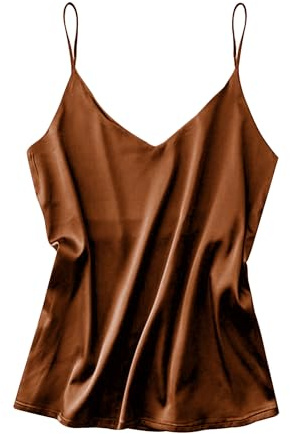 Ekouaer Damen Tanktop Unterhemd Spaghettiträger Basic Top V-Ausschnitt Verstellbare Trägertop Braun M