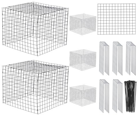 PATIKIL 8 Sheet Wire Plant Protectors, 13x15.7 Inch Square Wire Plant Cages Mesh with 20 Ground Stakes & 50 Ties for Protecting Flower Vegetable Plants from Animals, Dark Green