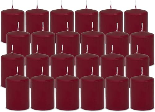 Stumpenkerzen Rot/Bordeaux 80x60 mm – 24er Pack Blockkerzen Dekokerzen – 27h Brenndauer – Tropffrei – RAL zertifiziert – Made in Germany – DecoLite