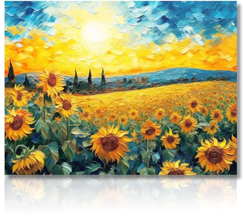 Dazzlewall Stampe su Tela di Arte Botanica d'Epoca, Pittura ad Olio di Girasole all'Alba Blu, Poster da Parete di Arte Rustica Estetica per Camera da Letto Soggiorno 30x40 cm Senza Cornice
