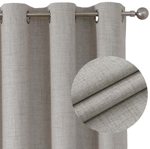 Joydeco 100% Blackout Curtains Bedroom 72 Inch Drop, Faux Linen Soft Textured Thermal Insulated Eyelet Curtains with Coating Back Layer for Living Room, W46 x L72, Greyish White - 2 Panels