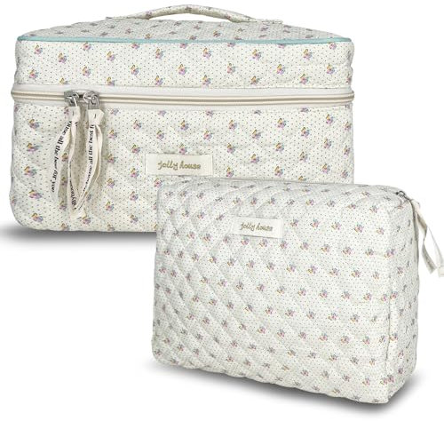 TOPALL Reise Kosmetiktasche Set Damen,Blumen Kosmetiktasche Aesthetic Make Up Bag Tasche Gesteppte Kulturtasche Beauty Case Baumwolle,Groß Schminktasche Travel Essentials Aesthetic Stuff Clean Girl