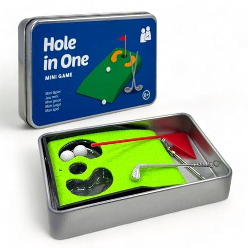 MIJOMA Reisespiele in Metalldose – Kompakte Mini-Spiele zum Mitnehmen für Unterwegs, Spielspaß Lernspielzeug, 12x8 cm, Outdoor & Indoor (Hole in One)