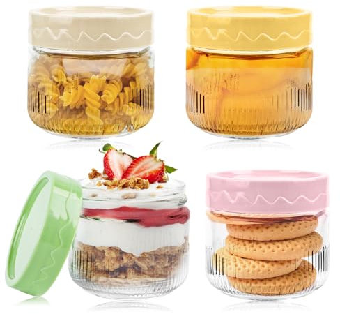 Overnight Oats - 4 bicchieri da 250 ml, Oatmeal, Overnight Oats Jarss, barattoli per conserve vuoti, contenitori in vetro riutilizzabili per yogurt, budino, insalata