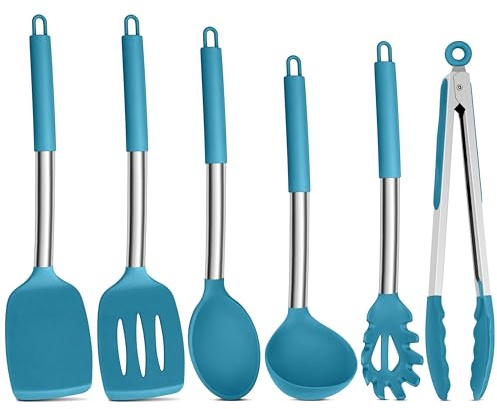 Onader 6 Pieces Kitchen Utensils Set, Silicone Cooking Utensils for Non-Stick Cookware, Heat Proof Kitchen Cooking Tools, Stainless Steel Handle & Dishwasher Safe - Dark Blue