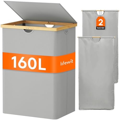Lifewit 160L Double Laundry Hamper with Lid, Extra Large Bamboo Laundry Basket Dirty Clothes Hamper, 2 Section Laundry Bin Organizer for Laundry Room Bedroom with 2 Removable Liners & Bags,Silver Gray