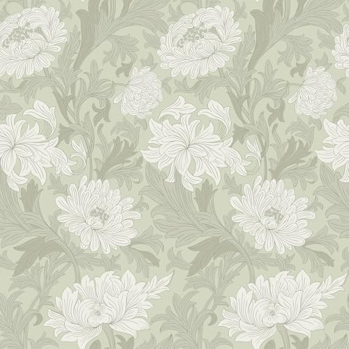 VEELIKE Vintage Green Anemone Floral Wallpaper Peel and Stick Boho Art Nouveau Wallpaper for Bedroom Bathroom 17.7''x118'' Removable Flower Wallpaper Prepasted Floral Contact Paper for Walls Cabinet