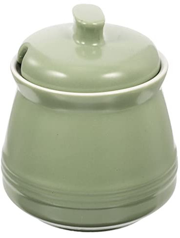 LABRIMP Tarro De Azúcar y Sal 380 Ml De Cerámica Con Tapa y Cuchara, Recipiente De Cocina Para Condimentos, Diseño Estable, Seguro Para Uso Doméstico y Gastronómico, Color Verde Manzana