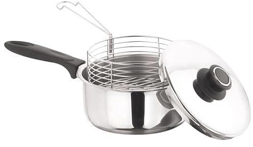 20cm Deep Fat Fryer Chip Pan with Basket | Durable Chip Pan with Plastic Handles and Lid | Perfect for Professional Kitchen Cooking (8 Silver)