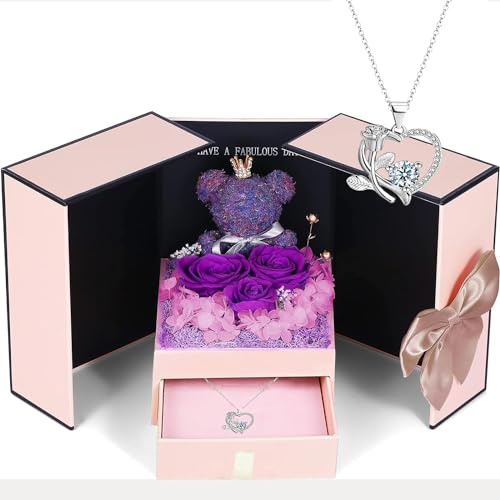 ELEUTH Rose Moosbär Geschenke für Mama,Echte Ewige Rose Geschenkbox mit Halskette,Konservierte Rose Blumen Box Muttertagsgeschenk fur Mama Frauen Ehefrau Freundin Oma Valentinstag Jahrestag Weihnachte