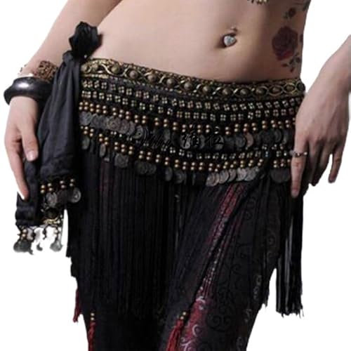 YNZUNMY Bauchtanz Hüfttuch,Bauchtanz,Bauchtanz Gürtel Frauen Bauchtanzgürtel Quaste Hüfte Schal Tribal Kupfer Münze Tanzen Kostüm Tücher Fringe Taille Kette Bauchtanz Zubehör(Black)