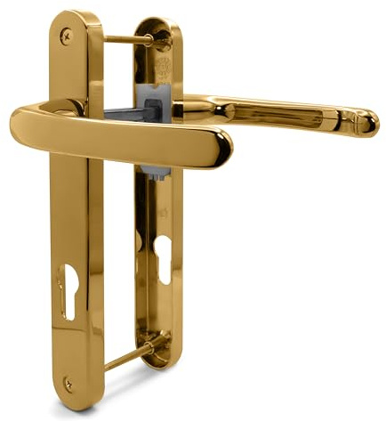 TSS Polished Brass UPVC Door Handle Pair, Sprung, 92mm PZ (Centres), Lever Lever, 203mm Screw to Screw, Backplate 232mm x 32mm - Replacement PVC Door Handle
