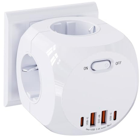 8-en-1 Cubo Enchufe, Enchufe Multiple con USB, 4AC Ladron Enchufes, 4 Enchufes,2 USB A, 2 USB C,4000W Cubo Regletas Enchufes para Oficina, Cocina y Habitación (White)