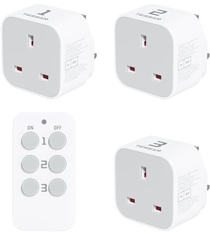 TESSAN Remote Control Plug Socket UK, 30M/100ft Operating Range, Wireless Light Switch for Indoor String Lights, Lamps, 1 Remotes and 3 Sockets