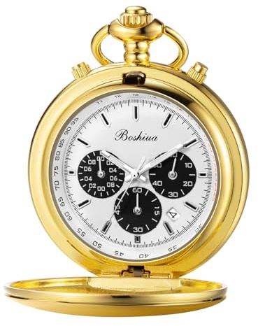 BOSHIYA Smooth Quartz Pocket Watches for Men Multifunctional Chronograph Classic Vintage Mens Womens Pocket Watch with Chain Christmas Graduation Birthday Gifts Fathers Day