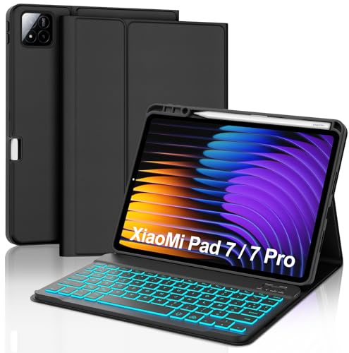 SENGBIRCH Coque Clavier pour Xiaomi Pad 7/7 Pro 11.2'' 2025 - AZERTY Français Clavier Rétroéclairé 7 Couleurs Détachable sans Fil Bluetooth, Étui pour Xiaomi ad 7/7 Pro 11.2 Pouces, Noir