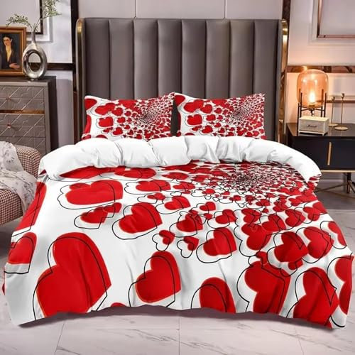 Copripiumino a forma di cuore per bambine, misura matrimoniale, con stampa a forma di cuore rosso su bianco, 3 pezzi, motivo kawaii morbido con cerniera, 228 x 228 cm (90 x 90 pollici)