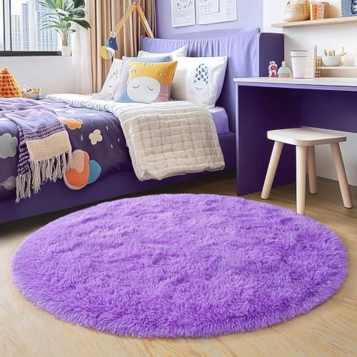 Quntue 3'x3' Purple Round Rug for Bedroom, Ultra Soft Fluffy Circle Rug for Kids Girls Boys Room, Cute Small Shag Rugs for Living Room Playroom Teen Room Home Decor Rug