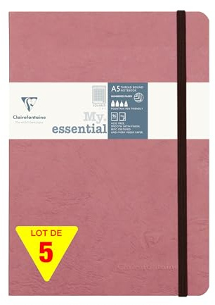 Clairefontaine 793426Cpack - Packung 5x Notizbuch Kladde My essential, Age Bag, DIN A5 14,8x21 cm, 96 Blatt kariert elfenbein, Altrosa 1 Pack