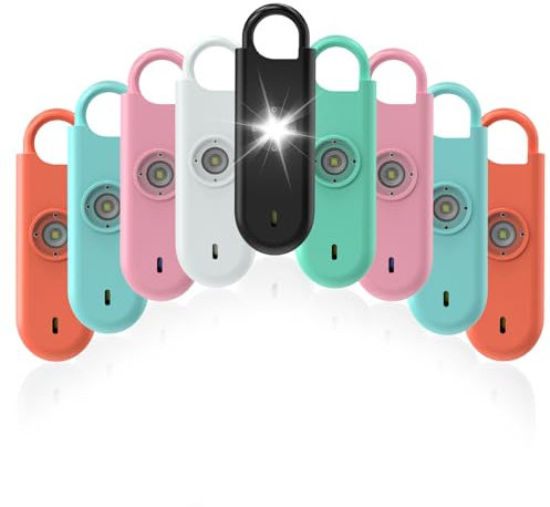 Fauxomor 140 dB Alarme de sécurité personnelle pour femmes, lot de 9 porte-clés de protection avec lumière stroboscopique et indication de faible batterie, sirène de sécurité pour l'autodéfense pour