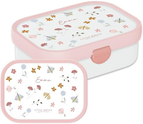 Mepal Campus Lunchbox Little Dutch – Personalisierte Bento Brotdose mit Namen für Kinder – Bento-Einsatz & Gabel – Clip-Verschluss – BPA-frei & spülmaschinenfest – 750 ml – Flowers & Butterflies