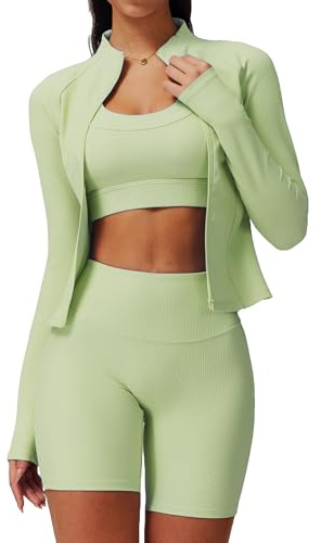 Conjunto de entrenamiento de 3 piezas para mujer, brasier deportivo con almohadillas extraíbles, pantalones cortos de ciclista de cintura alta y chaqueta con cremallera para yoga, gimnasio, correr