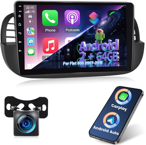 2G+64G Android Car Stereo for 2007-2015 Fiat 500 Radio with Wireless Carplay & Android Auto, 9 inch Touch Screen Car Radio with WiFi, GPS Navigation, Bluetooth, FM RDS