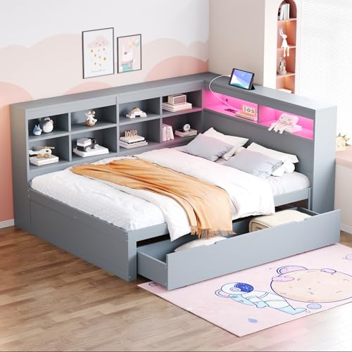 Kehun Doppelbett Sofabett 140x200 cm mit LED und USB Port, Schlafsofa Tagesbett mit Stauraum Schubladen und Ablagefach Kopfteil, Holzbett Bett mit Lattenrost aus Holz, Grau, Ohne Matratze