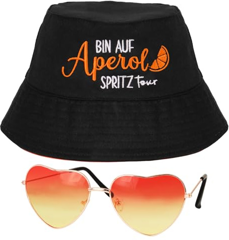 BOFUNX Apero Spritz Fischerhut Anglerhut + Retro Orange Brillen in Herzform Apero Party Hut Apero Geschenk für Apero Liebhaber Fasching Karneval Cosplay Kostüme Accessoires