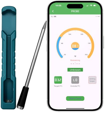 Wireless Meat Thermometer, Bluetooth Meat Thermometer with a Range of 100 m and App Control, Meat Probe for Roasting, for Oven, Grill, Smoker, Rotisserie, Air Fryer