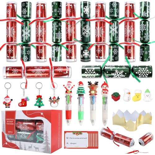 ONBAGLST 12 Pack Christmas Crackers Non-Snap Chritmas Cracker for Kids, Luxury Christmas Crackers with Party Hat, Joke & Keyring Squishy Pens Inside, Xmas Cracker for Kids Dinner Traditions