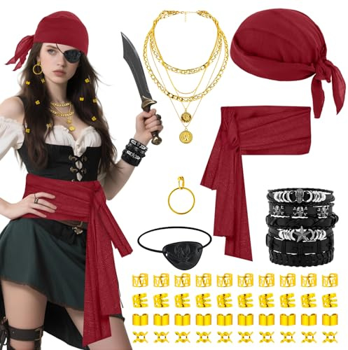 BAIEGOED 7-teiliges Piratenkostüm-Zubehör-Set für Erwachsene Damen - Enthält Kopftuch, Augenklappe, Ohrringe, Halskette, Armband, Haarperlen & Hüfttuch - Perfekt für Halloween & Cosplay Partys