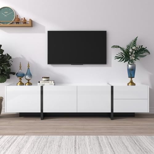 KOMHTOM Meuble TV Moderne, Meubles de Salon au Design épuré, avec 2 Portes et 2 Tiroirs, Grand Espace de Rangement, pour Salon et Chambre à Coucher (Blanc+Noir, 190 x 35 x 45 cm)