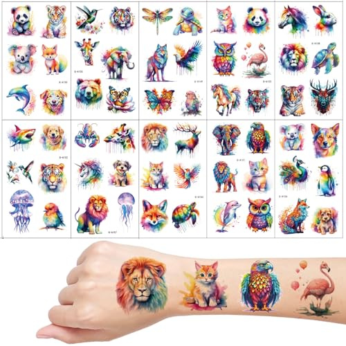 Animals Temporary Tattoos, 10 Sheets Watercolour Animal for Girls Boys Body Arm Shoulder, Kids Tattoos Party Bag, Birthday Party Small Gift