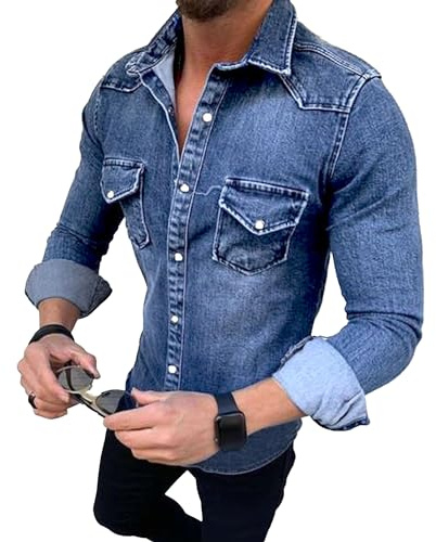Chemise en jean à boutons pression pour hommes, chemise en jean, manteau, chemise décontractée pour hommes, chemises en jean à manches longues, noir foncé, L