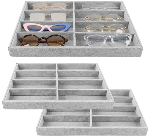 LOLYSIC 3 Stück Brille Aufbewahrungsbox Organizer Sonnenbrillen, 8 Gitter Samt Schmuckschale Uhr Schmuck, Stapelbar Aufbewahrungsschrank mit Abnehmbarer Interner Trennwand für Familie Geschäft (Grau)