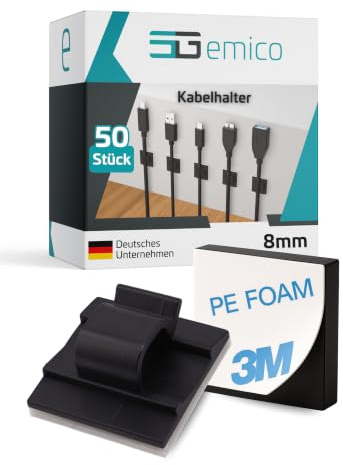 emico Kabelhalter - für Kabel bis 8 mm Durchmesser - 50 Stück Schwarz - Kabelclips aus hochwertigem PA 6.6 - Selbstklebend & RoHS-konform - Ideal für Kabel, Drähte & Lichterketten