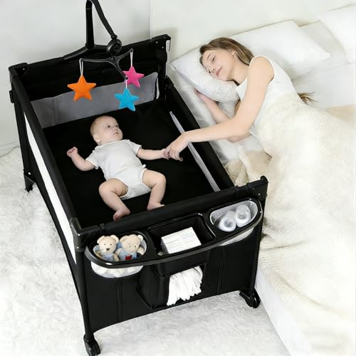 Nine point nine resesäng baby med skötbord, bekväm och stabil baby med madrass, justerbar resesäng babysäng, vikbar och rörlig sidosäng (6602 Black Without Net)