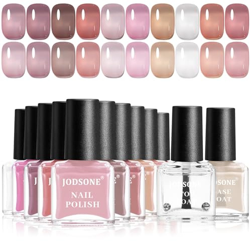 JODSONE Jelly-Nagellack-Set, 10 Farben mit 2 Stück Base- und Top-Coat, schnell trocknend, hochglänzend, nicht-gel, durchscheinend in Weiß, Nude und Pink, 5 ml pro Flasche