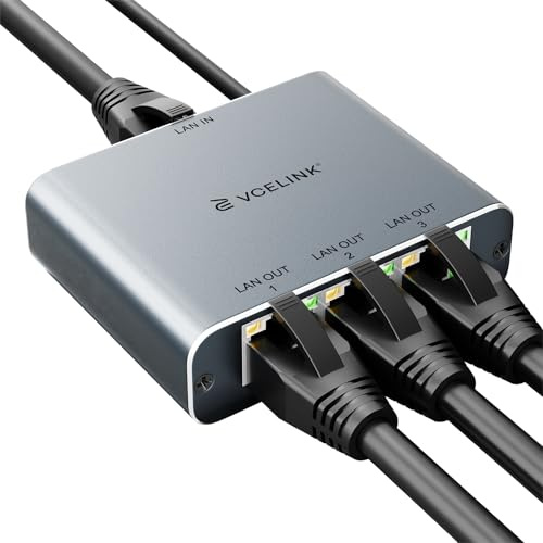 VCELINK Gigabit LAN Splitter 1 auf 3, Bis zu 3 Geräte gleichzeitig nutzbar | 1000Mbit/s LAN Switch 3 Port mit Aluminiumgehäuse & USB-Stromkabel, geeignet für PS5, Xbox, Smart-TV, Laptop