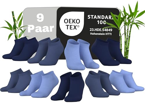 MEDOLY Calcetines de bambú para zapatillas (9 pares) contra el sudor, sin cintura de goma, con 70% viscosa – Calcetines para hombre y mujer, 9 x Blue Mix, 39-42