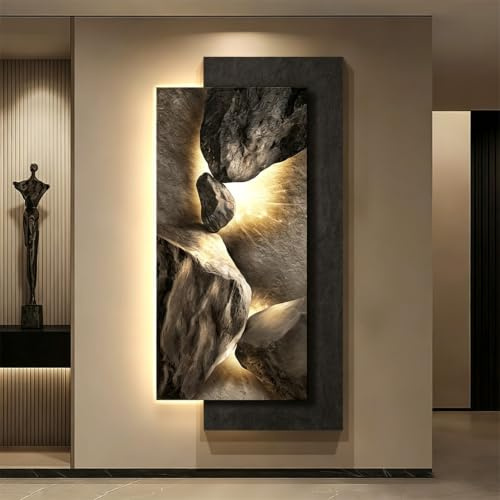 BEBANE Cuadro Decorativo de Pared en Arte 3D de Arenisca con Relieve, con luz LED, alimentación por Enchufe, Cuadro Colgante 3D, con jarrones y Plantas Artificiales(B,70 * 140cm/27.5 * 55.1in)