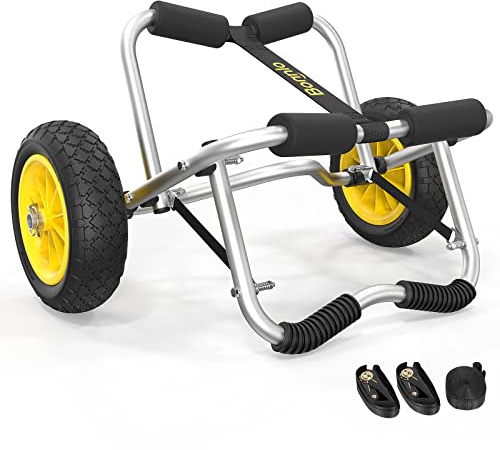 Bonnlo Universal Kayak Carrier - Trolley for Carrying Kayaks, Canoes, Paddleboards, Float Mats, and Jon Boats - Inflation-Free Solid Tires Wheel 2 Ratchet Straps