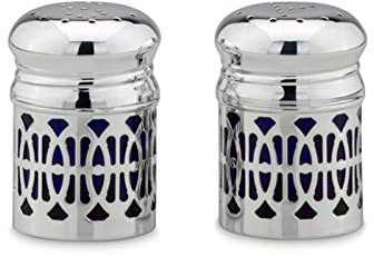 Salz- & Pfefferstreuer Set 6 cm klein - versilberte Gewürz Streuer mit Gitter-Optik & blauem Einsatz, poliert & anlaufgeschützt, 2-teilig, kompakte Tisch Streuer für Alltag, Dinner & Buffet