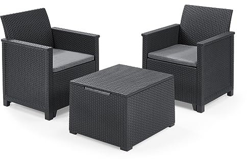 Keter Emma Balcony Set - Mobile da esterno composto da due poltrone con cuscini e tavolino contenitore, grafite