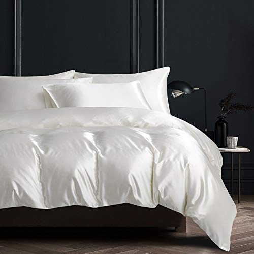 Boqingzhu Satin Bettwäsche 200x200cm Weiß Uni Glatt Glänzend Seide Luxus Bettwäsche Set Bettbezug und 2 Kissenbezüge 80x80cm mit Reißverschluss